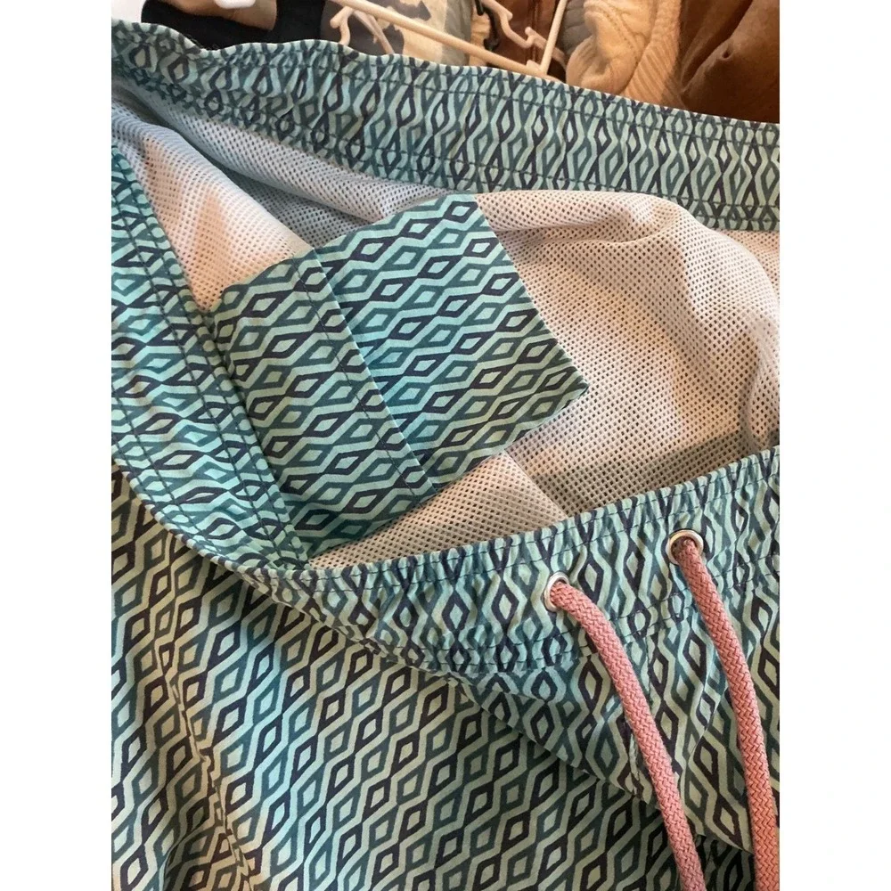 J.Crew Mens Swim Trunks XXL Teal Geometric Diamond Print Drawstring Preppy Beach